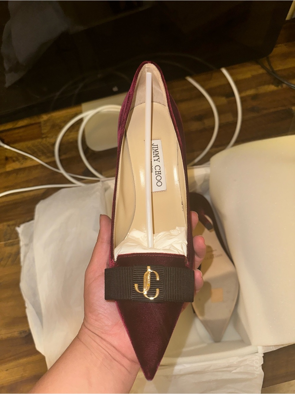 Jimmy Choo Burgundy Pointed-Toe Satin Pump with JC Emblem